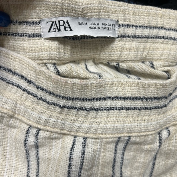Zara White Tan Striped Cotton Pull On Pants w/ Pockets Boho Size Medium - Picture 3 of 5